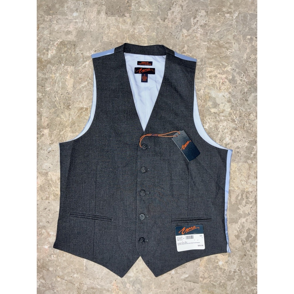 Egara Skinny Fit Stretch Suit Vest Men's Small Gray Blue Check Back NWT
